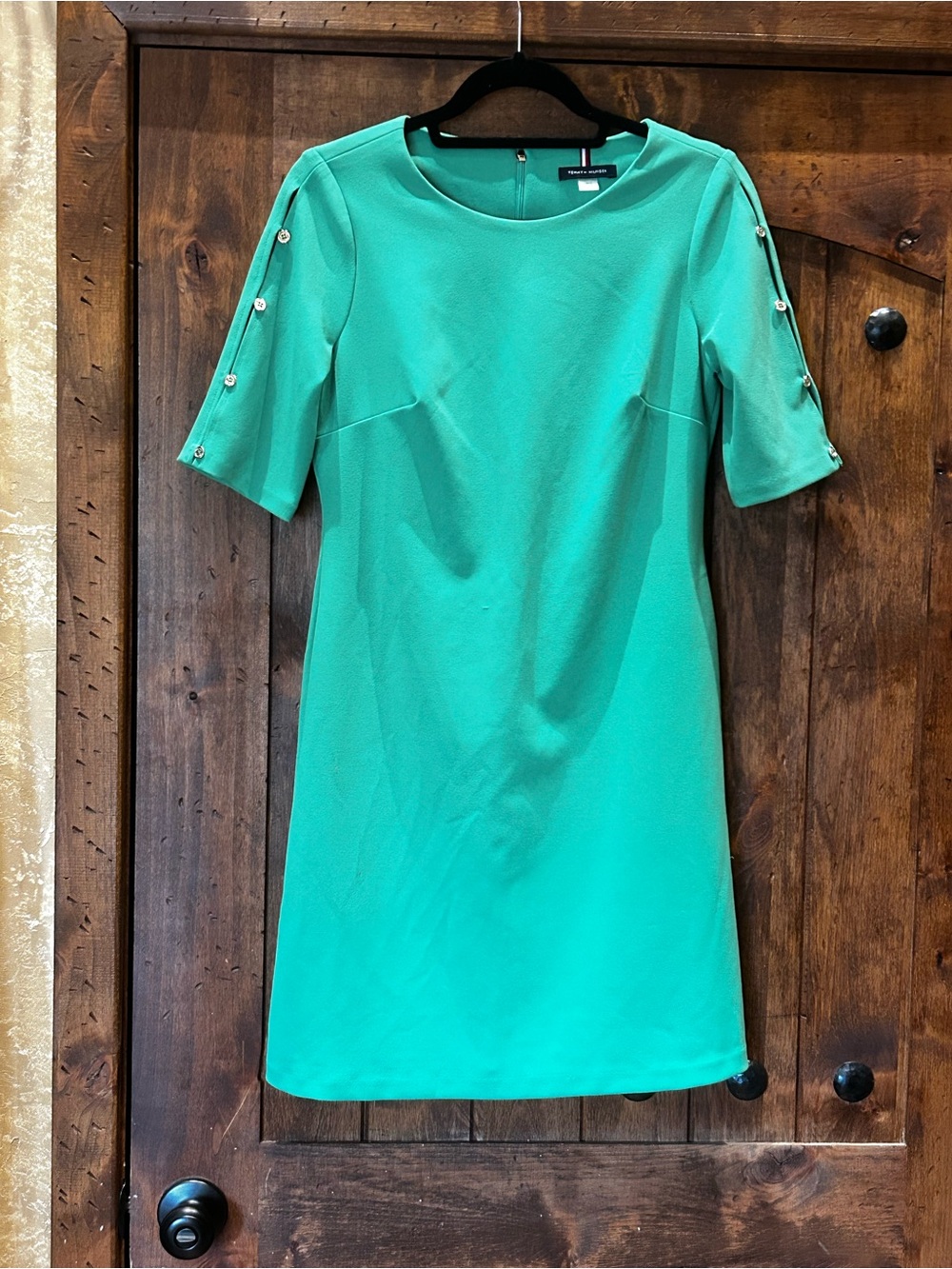 Tommy Hilfiger Emerald Green Shift Dress with Gold Accents, Size 6